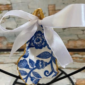 Handmade Decoupage Oyster Shell Art | Coastal Christmas Ornament | Unique Beach Wedding Favor | Nautical Home Accent |Blue and White Flower