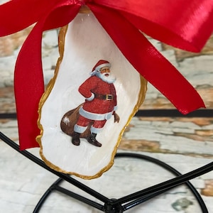 Handmade Decoupage Oyster Shell Art | Coastal Christmas Ornament | Unique Beach Wedding Favor | Nautical Home Accent | Santa and Gift Bag