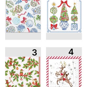 May include: A set of four square paper napkins featuring holiday designs. Design 1 shows blue and green ornaments. Design 2 displays three decorated topiary trees. Design 3 features elves among holly leaves. Design 4 depicts two reindeer with snowflakes.
