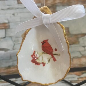 Handmade Decoupage Oyster Shell Art | Coastal Christmas Ornament | Beach Wedding Favor | Nautical Home Accent | Small Cardinals Design
