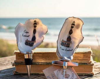 Decoupaged Oyster Shell Wine Cork & Corkscrew Set NC Lighthouse Cape Lookout - Coastal Barware and Unique Gift
