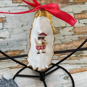 Handmade Decoupage Oyster Shell Art | Coastal Christmas Ornament | Unique Beach Wedding Favor | Nautical Home Accent |  Beachy Santa Design