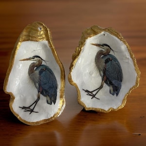 Handmade Decoupage Oyster Shell Art | Coastal Christmas Ornament | Unique Beach Wedding Favor | Nautical Home Accent | Blue Heron Design