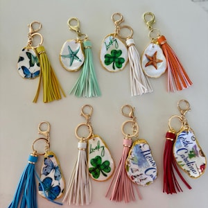 Handmade Decoupaged Oyster Shell Keychain & Purse Charm | Gold Leaf Edged | Coastal Accessory | Key Fob Holder