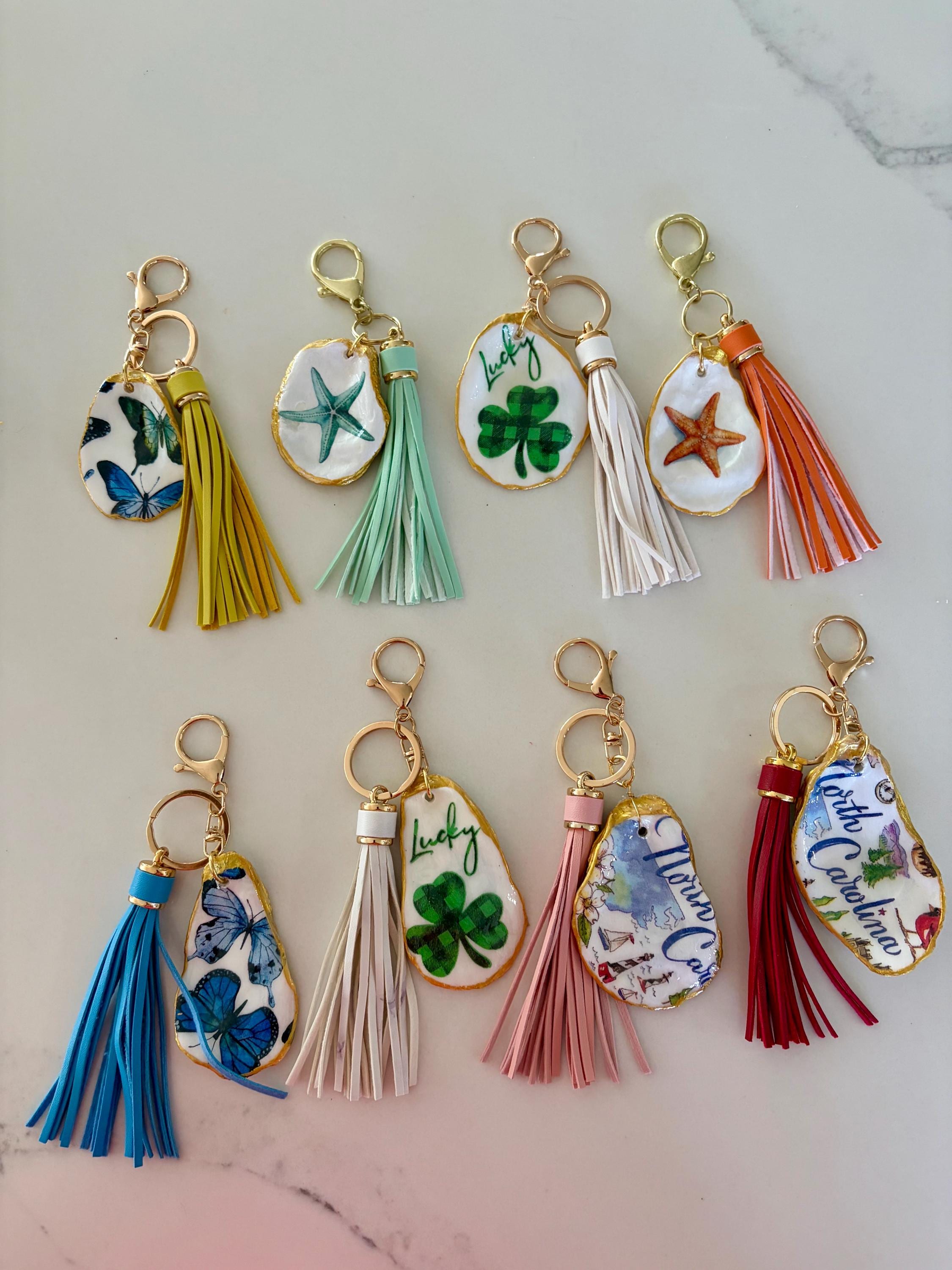Handmade Decoupaged Oyster Shell Keychain & Purse Charm Gold Leaf Edged Coastal Accessory Key Fob Holder