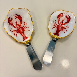 Set of 2 Lobster Oyster Shell Spreaders | Hand-Decoupaged Coastal Butter Knives