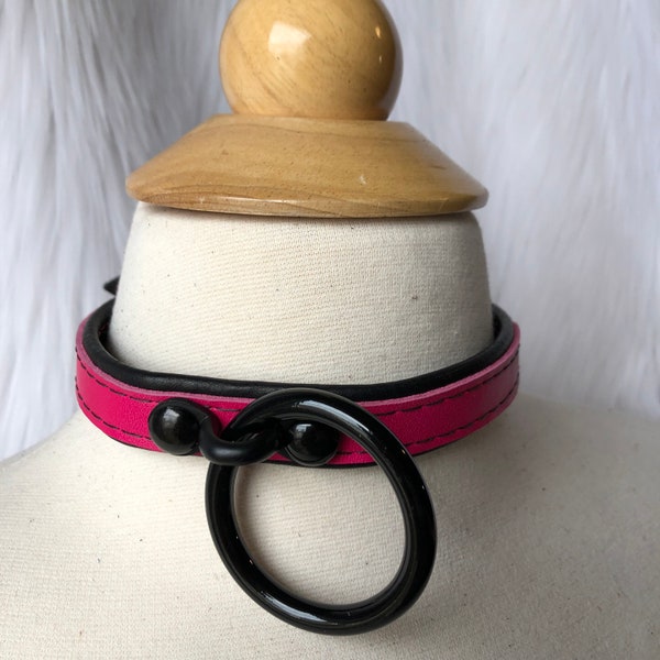 Pink and Black Leather Collar, BDSM Collar, Bondage Collar, Slave Collar, Submissive Collar, Fetish Collar,