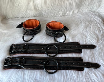 Leather Bondage Restraints, Fetish Gear, Leather Cuffs, Slave Restraints, Leather Collar, Cuff Restraints, BDSM Restraint Set