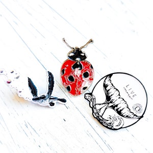 Enamel Pin Bundle, Lady Bug, Sea Turtle, Hiking & Camping Live More Explorer pins with locking backer. Pins for bags, backpack pins, outdoor