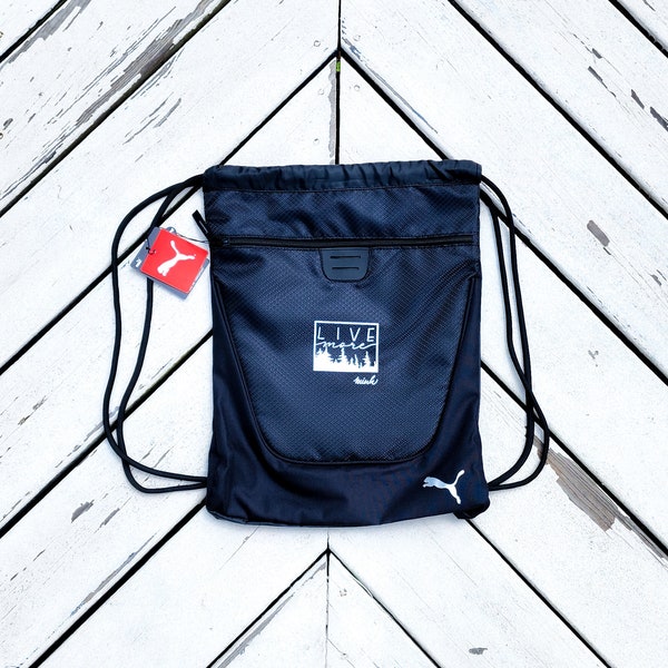 Durable Draw String Backpack with my Live More design screen printed on front. Draw String Bag, Beach Bag, Tote Bag, Gym Bag, Hiking Bag