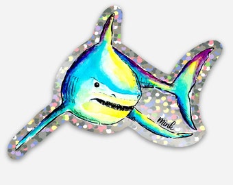 Pegatina de vinilo con brillantina de tiburón, arte de tiburón, ilustración de tiburón, pegatina para portátil, pegatina para botella de agua, regalos de tiburón