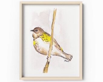 Yellow Rumped Warbler Watercolor Painting, Print, Bird Lover, Gift for her, Gift for him