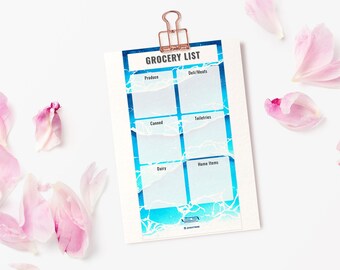 Grocery List Notepad with sections on a watercolor ocean scene background, Digital Download, Prints on 8.5inx 11in.