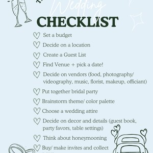 May include: A light blue wedding checklist with a list of tasks, including setting a budget, deciding on a location, and creating a guest list. The checklist includes illustrations of champagne glasses, rings, and a car with hearts.