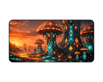 Alfombrilla de escritorio con paisaje de hongos bioluminiscentes de fantasía brillante / Alfombrilla de ratón con hongos neón
