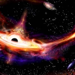 May include: A black hole in space with a bright orange and yellow accretion disk. The black hole is surrounded by a swirling cloud of gas and dust. There are stars and galaxies in the background.