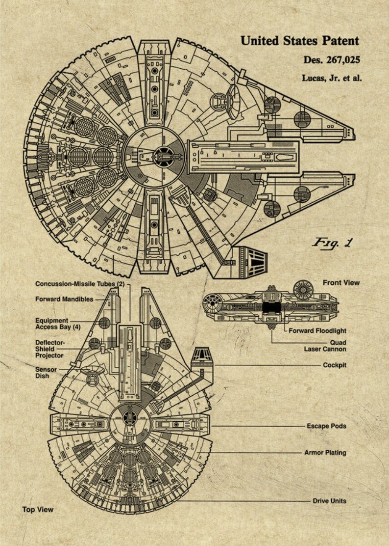 Star Wars Patent Prints Millennium Falcon Gift for Star Wars Fans Star