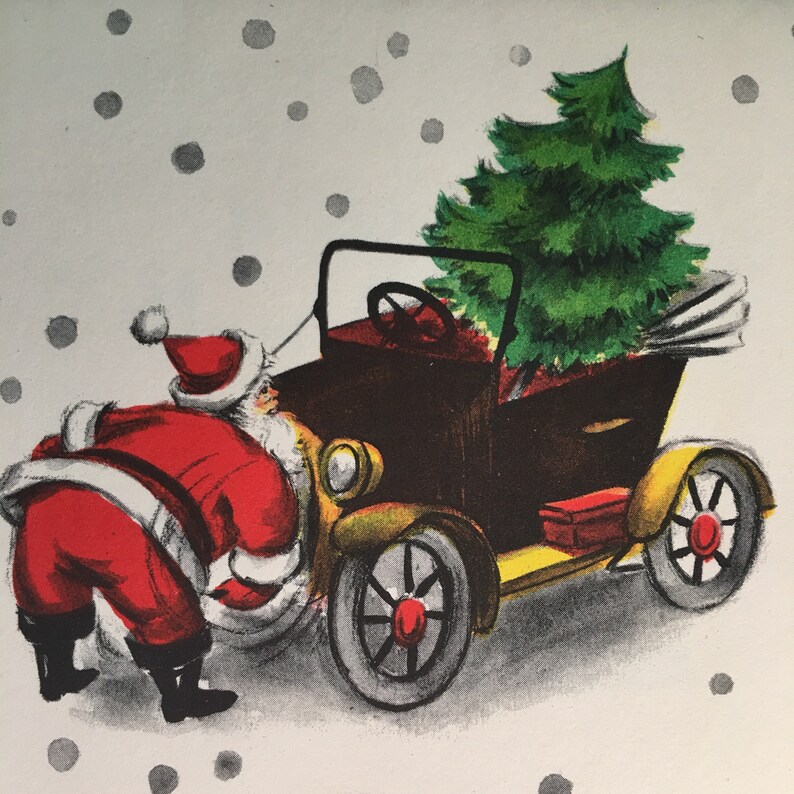 Hallmark Santa Claus with Tree and Antique car Christmas card | Etsy