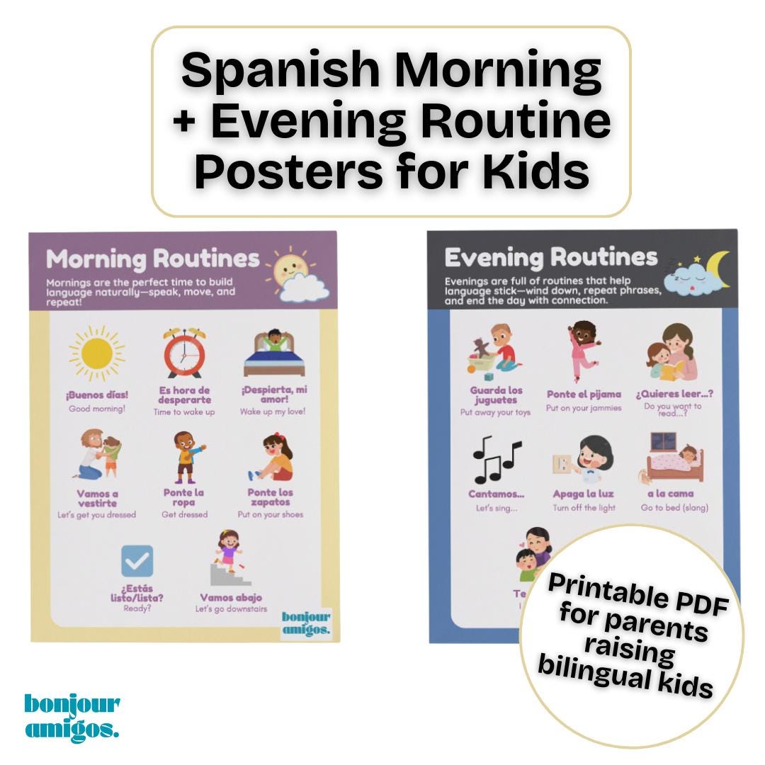 Spanish Morning Routine Drawings Spanish Morning & Evening Routine Phrases for Kids – Printable PDF ...