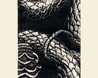 Limited edition giclee of my original woodcut, "Serpent." Dramatic monochromatic black & gray image on a cream-colored field is stunning!