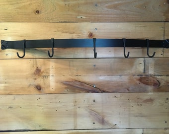 Hand forged, hammered, pot rack with 5 hooks