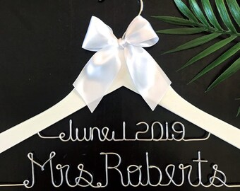 Personalized Wedding Dress Hanger Date, Bridal Shower Gift, Bridal Gown Mrs Wire Rustic Hanger