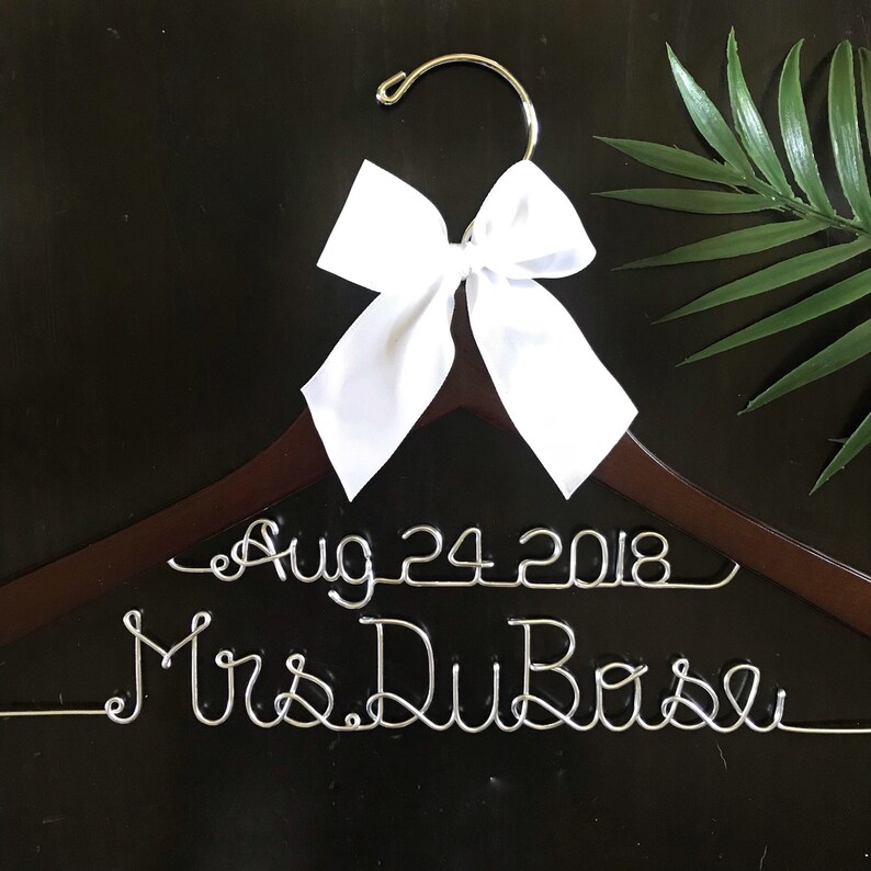 Engagement Bridal Gift, Wedding Dress Bridal Gown Hanger, Mrs Bridal Shower Gift, Personalized Rustic Wire Name Hanger image 5