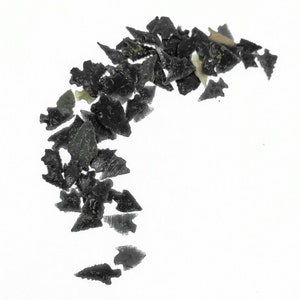 May include: A collection of black arrowheads made of flint or obsidian. The arrowheads are scattered on a white background.