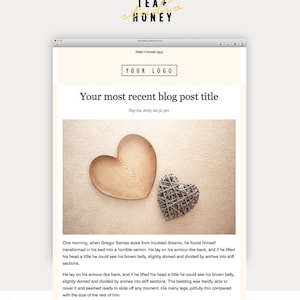 May include: A blog post title card with a brown heart-shaped wooden tray and a gray woven heart on a beige background. The text on the card reads "Your most recent blog post title" and "Sep 04, 2015 02:51 pm".