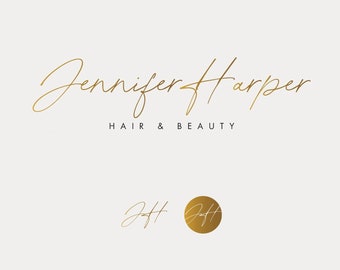 Gold Elegant Handwritten Script Font Logo, Graphic Design for Hair Beauty Business, Signature Name Branding, Watermark Design, Business Card