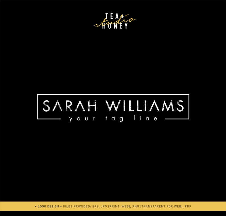 May include: Black and white logo design for Sarah Williams, with the text "your tagline" below the name. The logo has a modern, minimalist style.