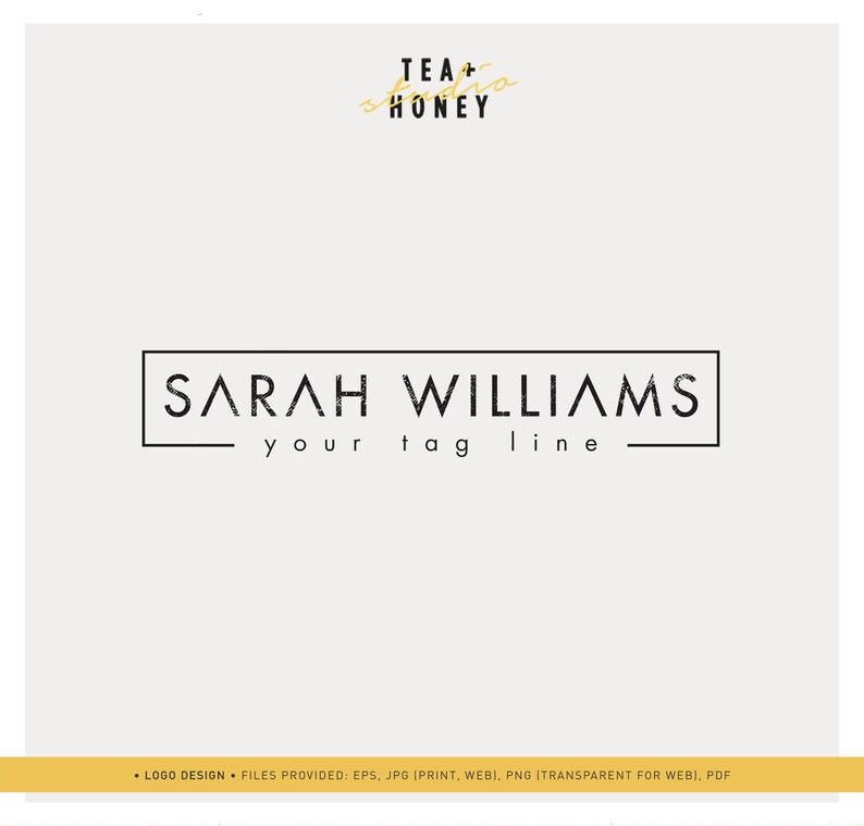May include: Black and white logo design for Sarah Williams, with the text "TEA+ HONEY" in gold above the name. The tagline "your tag line" is below the name.