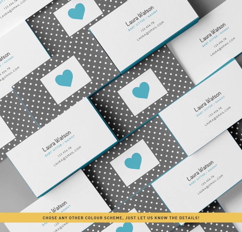 May include: Stack of business cards with a gray and white polka dot pattern. The cards have a blue heart icon and the text "Laura Watson Baby Sitter/Nanny 123.456.78 LAURA@GMAIL.COM" printed on them.