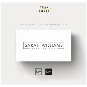 May include: A black and white logo design with the text "SARAH WILLIAMS" and the tagline "your tag line". The logo is surrounded by a thin black rectangle. Below the logo are two black and white initials "SW" in square boxes.