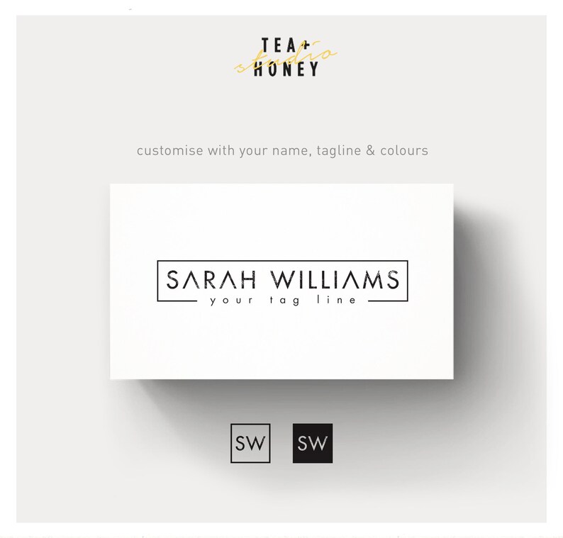 May include: A black and white logo design with the text "SARAH WILLIAMS" and the tagline "your tag line". The logo is surrounded by a thin black rectangle. Below the logo are two black and white initials "SW" in square boxes.