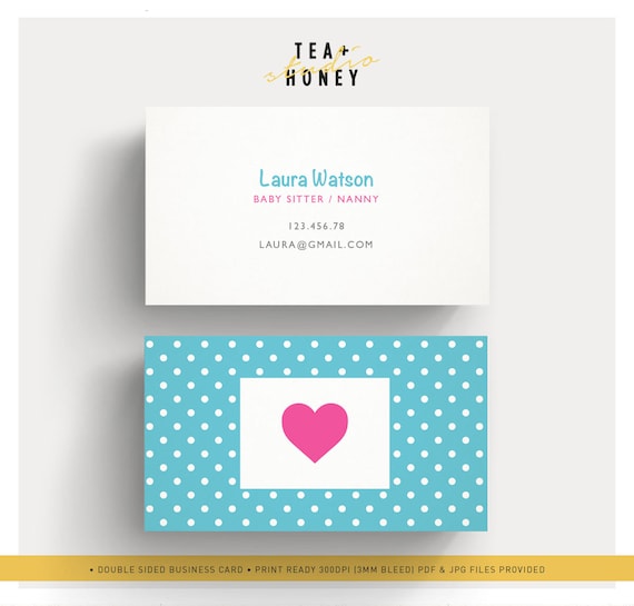 Babysitter Business Card, Nanny Branding, Premade cute design, dotty pattern, polka dots stationery, blue & white, baby sitter contact card
