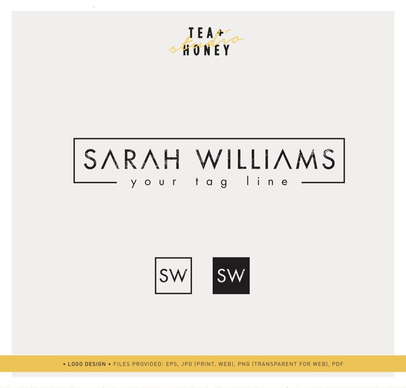 May include: Black and white logo design for Sarah Williams, with the text "TEA+studio HONEY" in gold above the name. The logo includes the initials "SW" in a square, both in black and white.