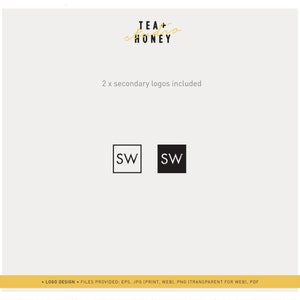 May include: A logo design for a business called "TEA+studio HONEY". The logo is in a handwritten style with a gold color. Two secondary logos are included, both with the initials "SW" in a black square. The text "LOGO DESIGN - FILES PROVIDED: EPS, JPG (PRINT, WEB), PNG [TRANSPARENT FOR WEB), PDF" is at the bottom of the image.
