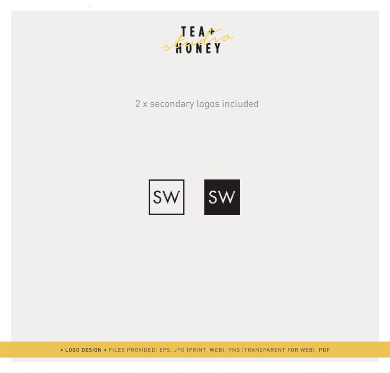 May include: A logo design for a business called "TEA+studio HONEY". The logo is in a handwritten style with a gold color. Two secondary logos are included, both with the initials "SW" in a black square. The text "LOGO DESIGN - FILES PROVIDED: EPS, JPG (PRINT, WEB), PNG [TRANSPARENT FOR WEB), PDF" is at the bottom of the image.