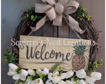 Ananas-welkomstkrans | Deurdecoratie wijnstok zomer | Handgemaakt zuiders decor