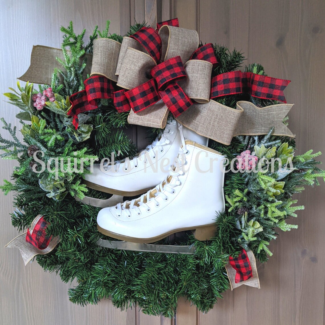 Ice Skates Wreath Evergreen Wreath With Real Ice Skates Etsy