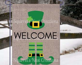 St. Patrick's Day Leprechaun Welcome Burlap Garden Flag