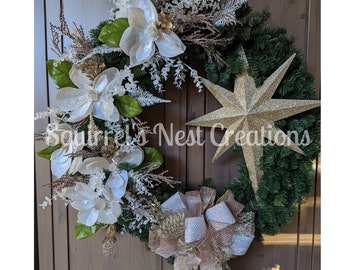 Large Silver and Gold Christmas Star Pine Wreath with Magnolias