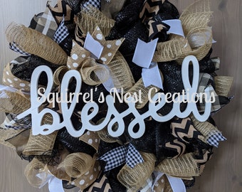 Black and Tan Mesh Blessed Welcome Wreath