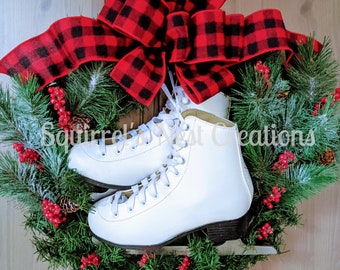 Ice Skates Evergreen Wreath – Winter Plaid Bow Decor