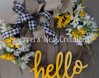 Hello Yellow Sunflower and White Daisy Delight Spring/Summer Wreath Spring/Summer Hello Wreath