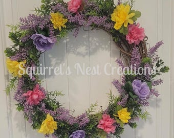 Guirlanda de Jardim de Verão | Floral Roxo, Rosa e Amarelo | Decoração para Porta de Entrada | Folhagem Campestre | Guirlanda de Flores Silvestres
