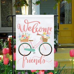 Welcome Friends Bicycle White Polyester Garden Flag