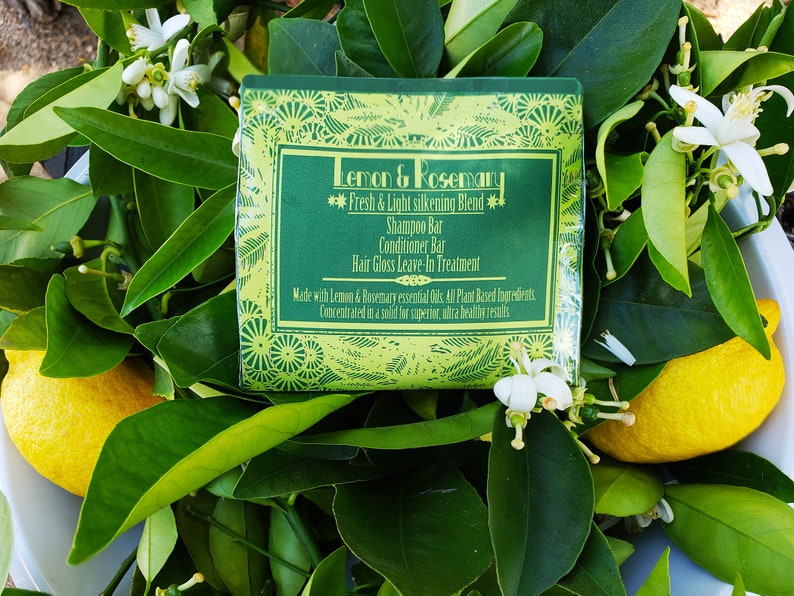 Puede incluir: Una barra de jab&oacute;n verde y blanca con el texto "Lemon & Rosemary Fresh & Light Silkening Blend Shampoo Bar Conditioner Bar Hair Gloss Leave-In Treatment Made with Lemon & Rosemary essential Oils. All Plant Based Ingredients Concentrated in a solid for superior, ultra healthy results" en la etiqueta. El jab&oacute;n est&aacute; rodeado de hojas verdes y limones amarillos.