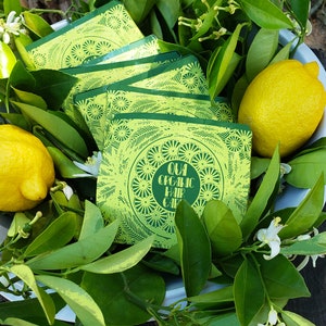 Puede incluir: Una pila de tarjetas con patrones verdes y amarillos con el texto "QUA ORGANIC HAIR CARE" en la tarjeta superior. Las tarjetas est&aacute;n rodeadas de hojas verdes y flores blancas.